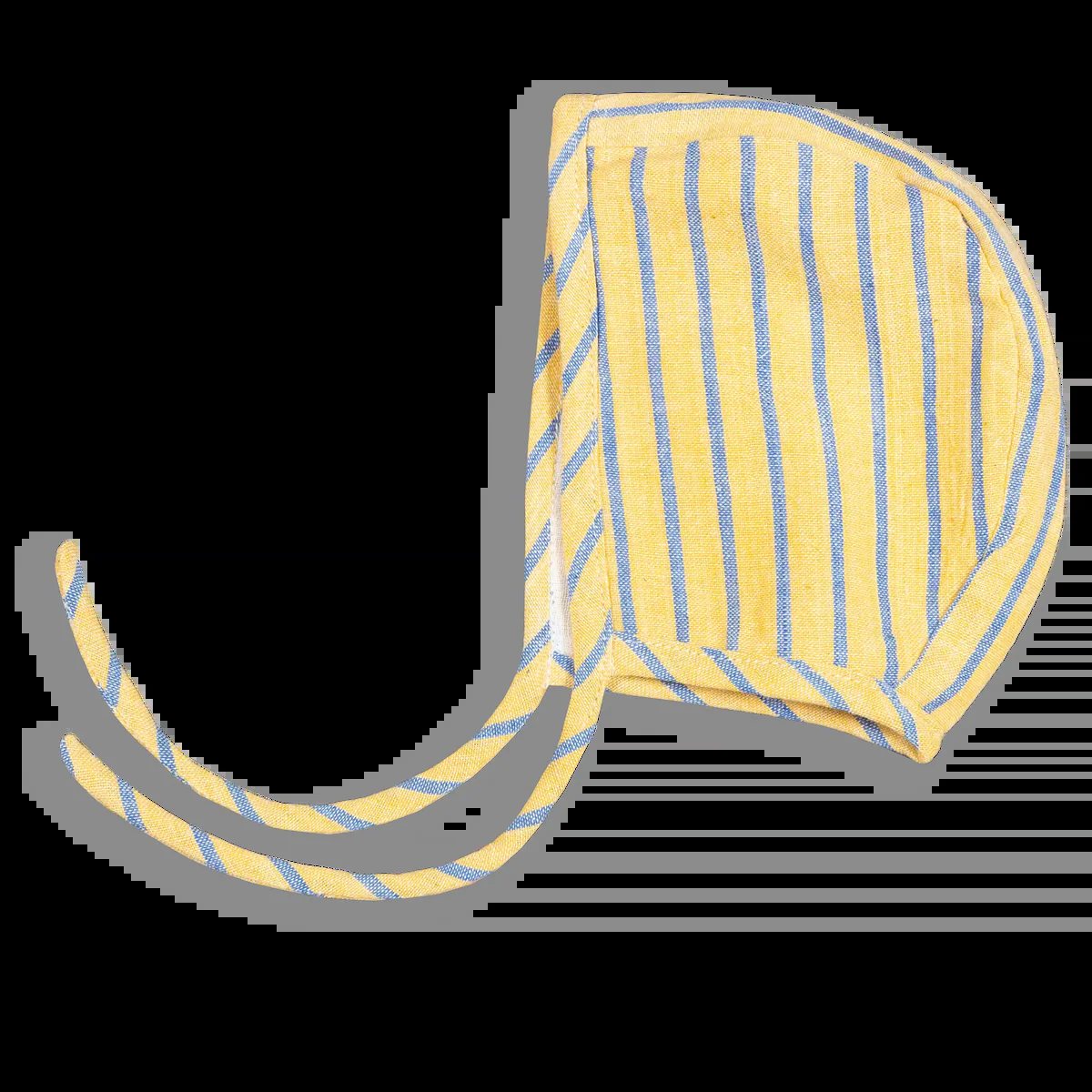 Saffron and blue striped cotton baby cap with ties
