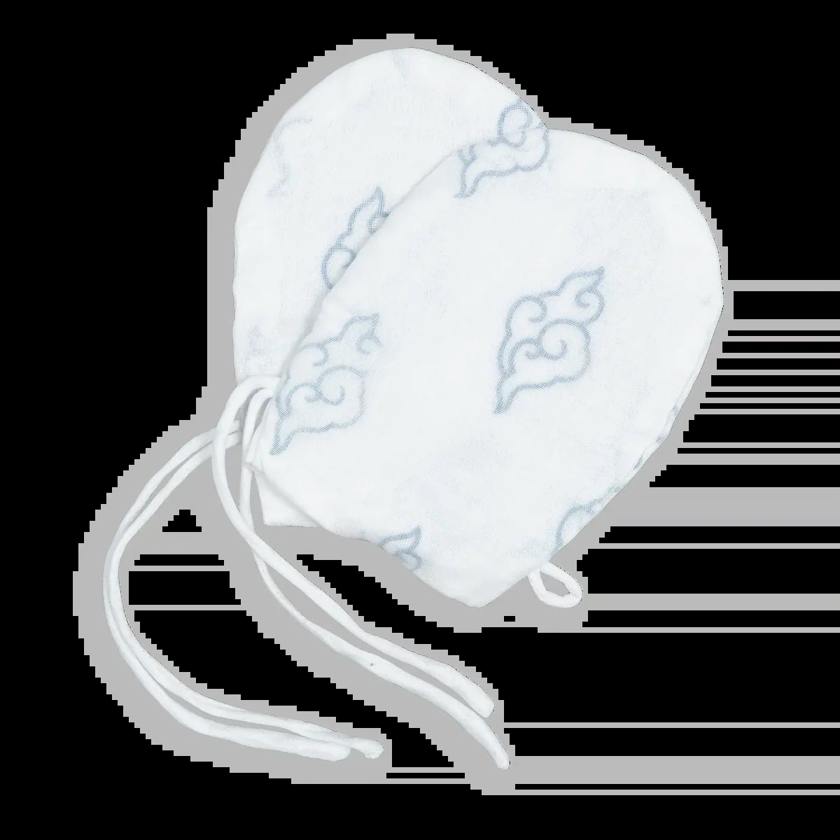 White cotton baby mittens with a pale cloud print and long ties