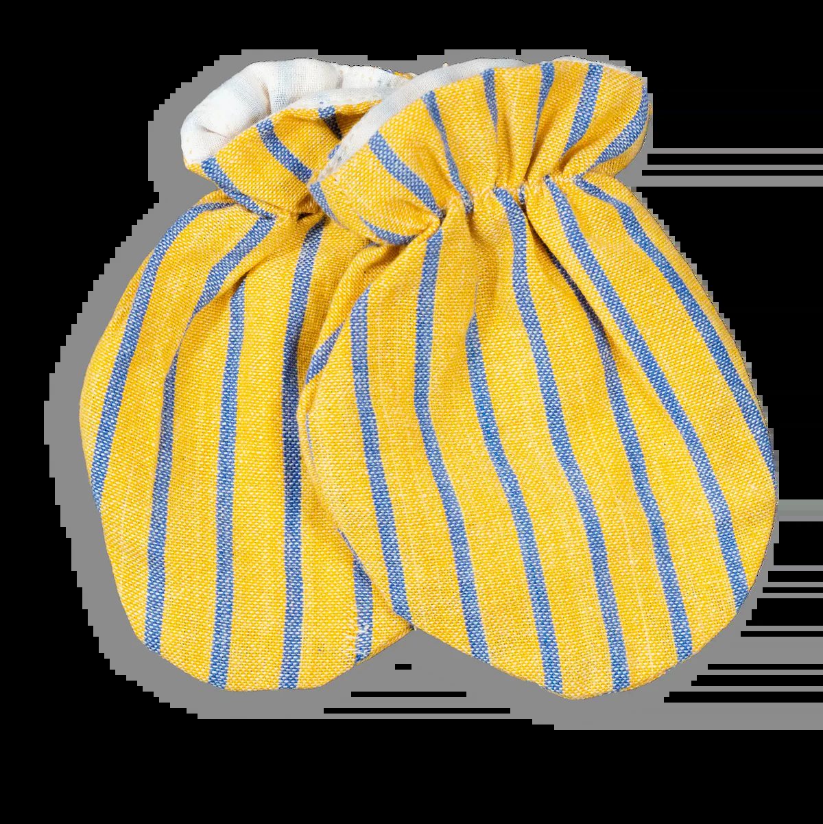 Saffron and blue striped cotton baby mittens