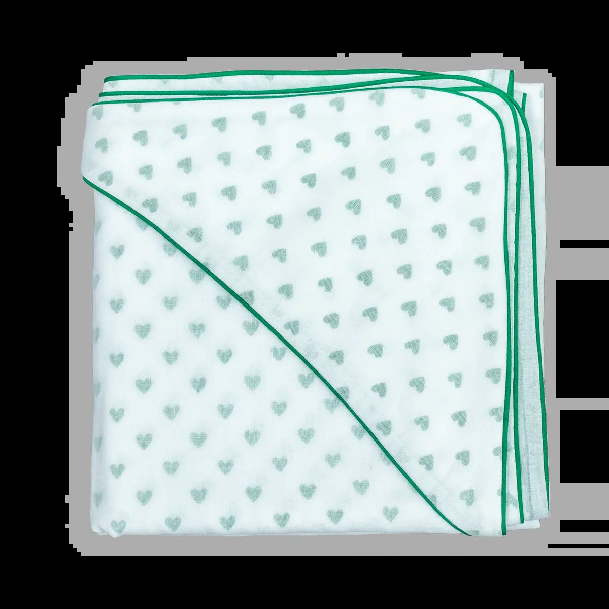 Folded muslin cloth in a soft green heart print with contrast piped edge
